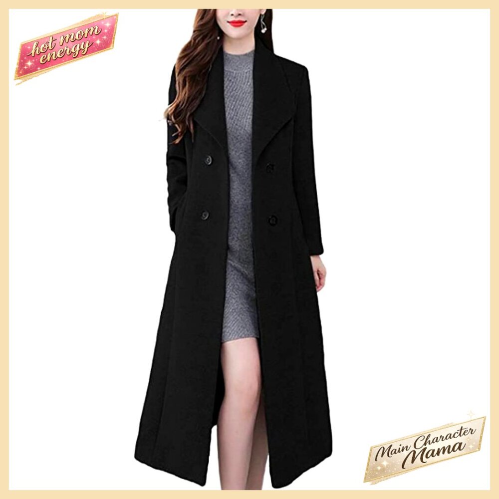 Wool Blend Trench Coat Shawl Collar Double Breasted Maxi Long Pea Coat
